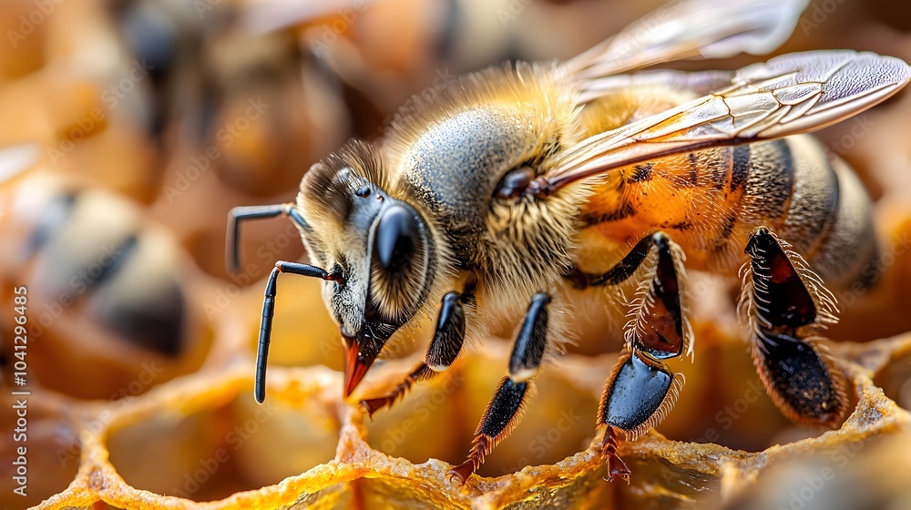 Poster Detailed cross section of a honeybee hive revealing the intricate hexagonal cells and efficient honey storage design that exemplifies nature s engineering prowess
