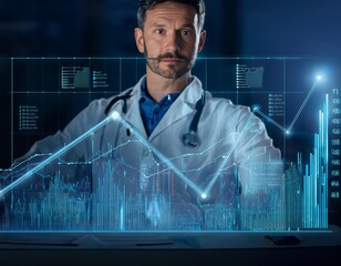 Doctor analyzing increasing healthcare costs on futuristic interface