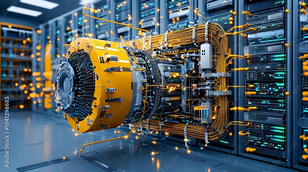 Poster Detailed cross section of a high tech data center revealing the intricate layout of server racks advanced cooling systems