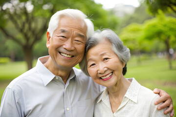 Loving Older asian couple smiling with happiness at park