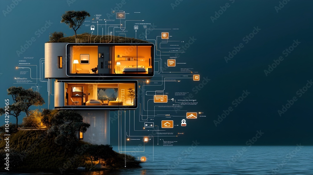 Poster detailed cross section of a modern smart home ecosystem highlighting the interconnected network of i