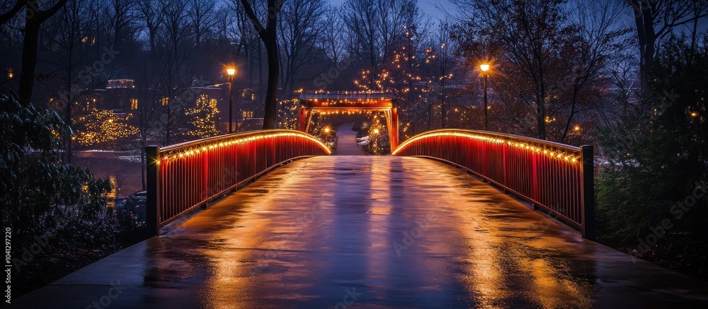 Poster illuminated bridge in a park at night with a view of the trees and lights.
