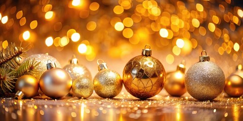 Christmas Abstract Background with Golden Light Effects, Bokeh Blur, and Decorative Christmas Balls for Festive Celebrations