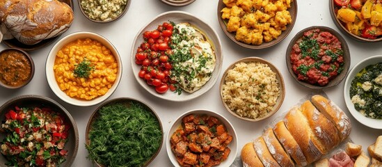 A spread of various dishes, including roasted vegetables, pasta, salad, and bread, arranged on a white surface.