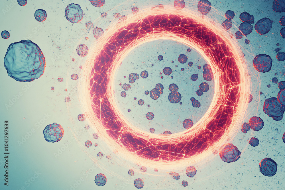 Poster a sci-fi inspired ring with glowing red particles and floating spheres, giving an abstract and futur