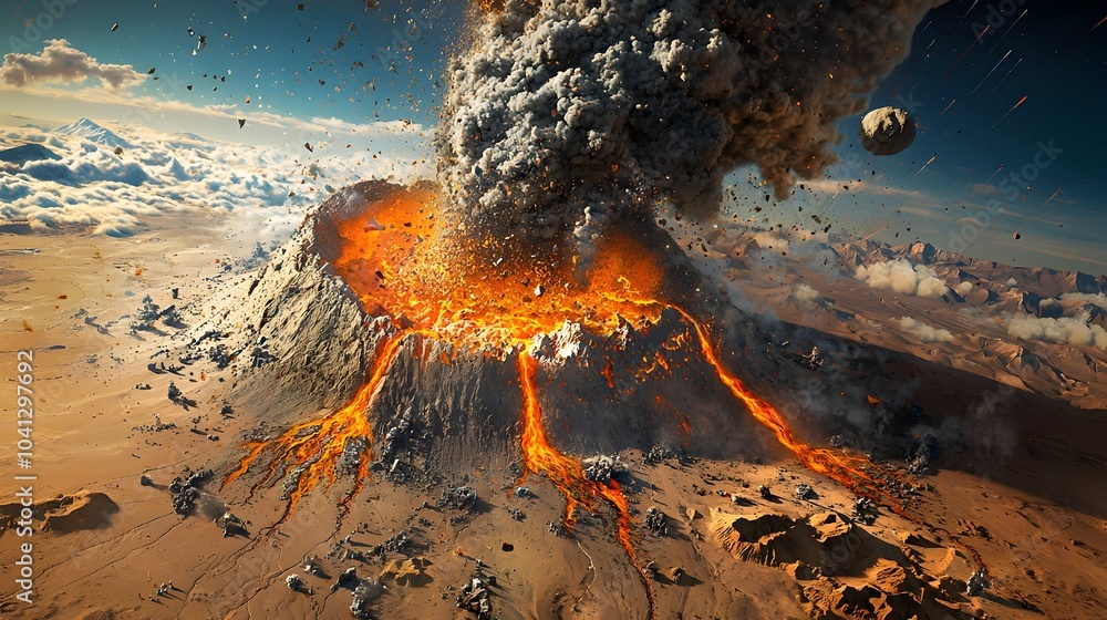 Poster detailed cross section of an active volcano revealing intricate magma chambers vents and the potenti