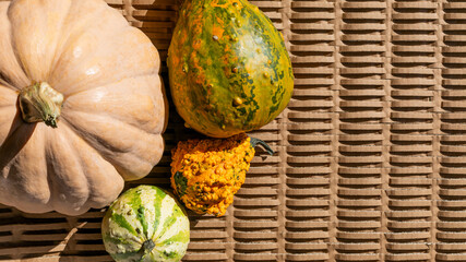 Colorful gourds and pumpkins arranged on a wicker surface evoke an autumn harvest theme, ideal for...