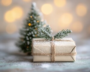 Festive gift with pine sprig and tree, soft bokeh background, holiday spirit.