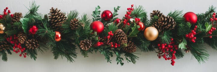 Festive Christmas Garland with Pinecones and Red Berries on Wall
