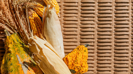 Colorful corn and gourds arranged against a textured background symbolize harvest themes, ideal for...