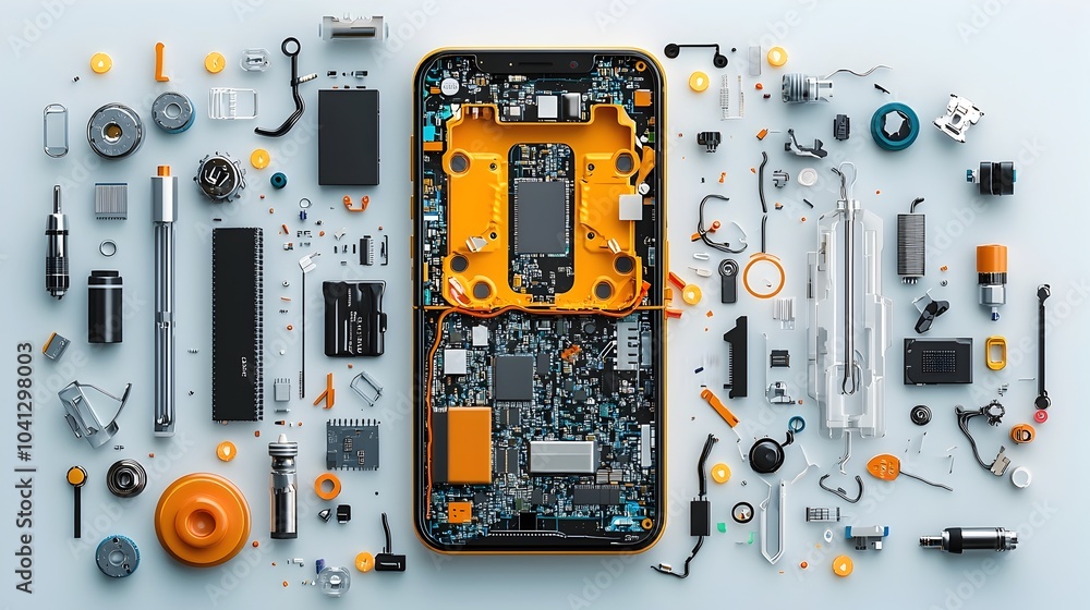 Poster Detailed Cross Section of an Exploded Smartphone Revealing its Internal Components and Structure