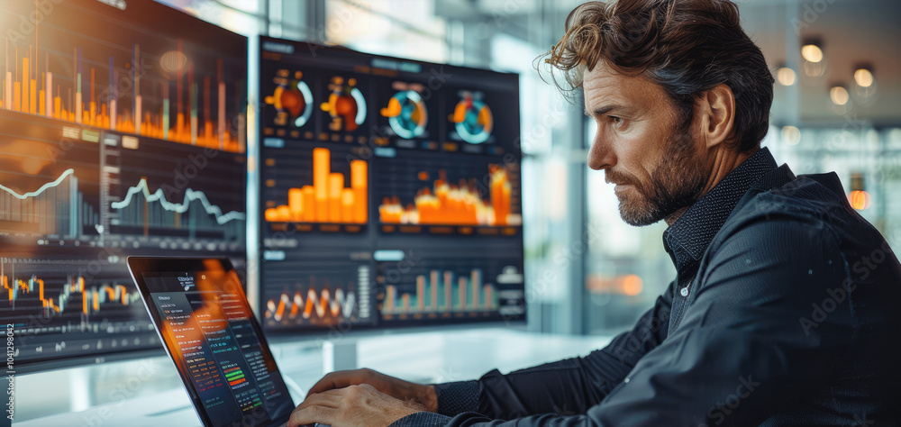Poster A focused businessman analyzing financial data on a laptop at a modern office desk, surrounded by charts and graphs displayed on multiple screens.