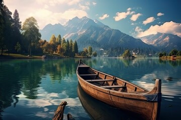 A wooden boat on a still lake with mountains in