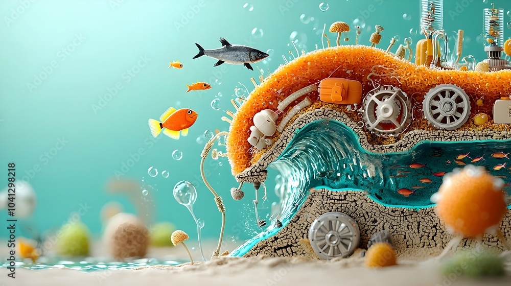 Poster detailed cross section of an ocean wave showcasing the intricate currents fish and plankton within t