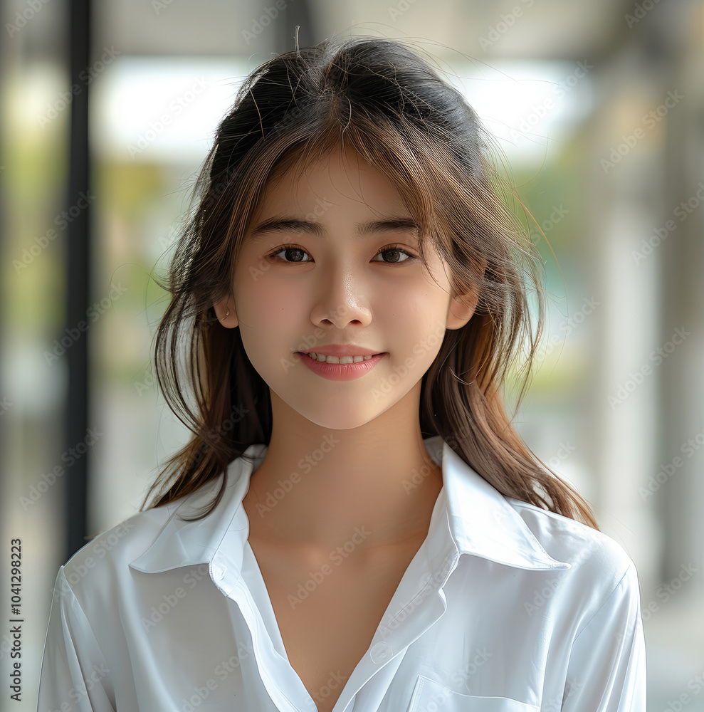 Poster Thai girl student university age 20 years old wear white shirt.