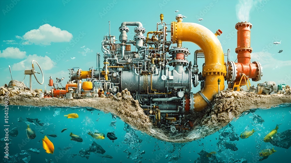 Aufkleber detailed cross section of an intricate underground water pipe network highlighting the processes and