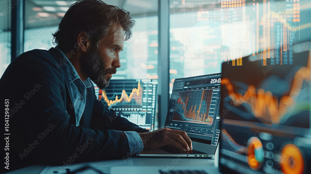 Fototapete A focused businessman analyzing financial data on a laptop at a modern office desk, surrounded by charts and graphs displayed on multiple screens.