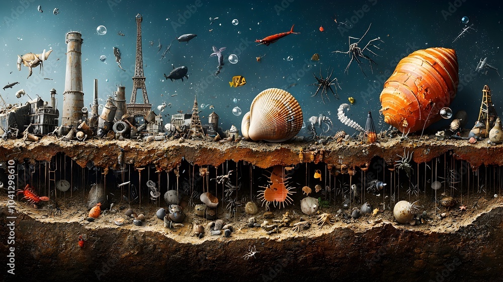 Aufkleber detailed cross section showcasing the diverse array of marine life and geological features found on 