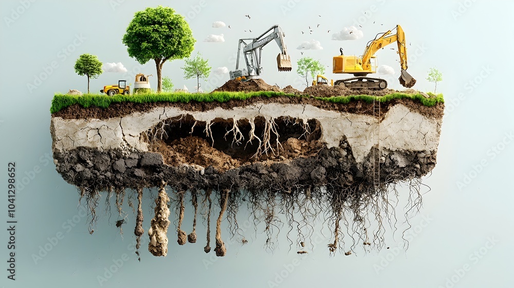 Aufkleber Detailed cross section showcasing the diverse layers and composition of soil including topsoil bedrock and the intricate network of plant roots within the subsurface ecosystem