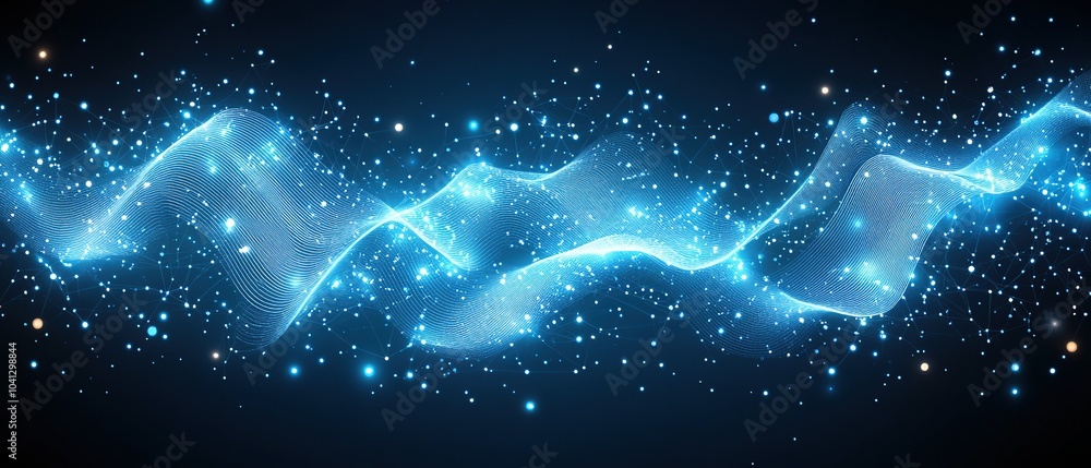 Poster abstract blue glowing wave on a dark background with a network of lines and dots.