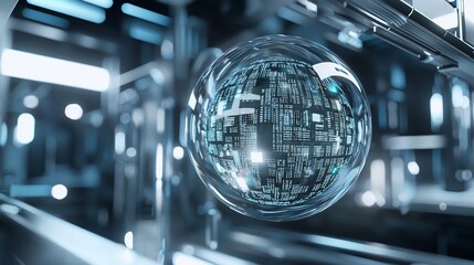 Hyper-Detailed 3D Transparent Sphere Filled with Digital Data in Futuristic Lab