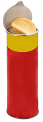 Mockup Potato chips cans on white background, Potato chips snack in red bottle packaging isolate on white PNG File.