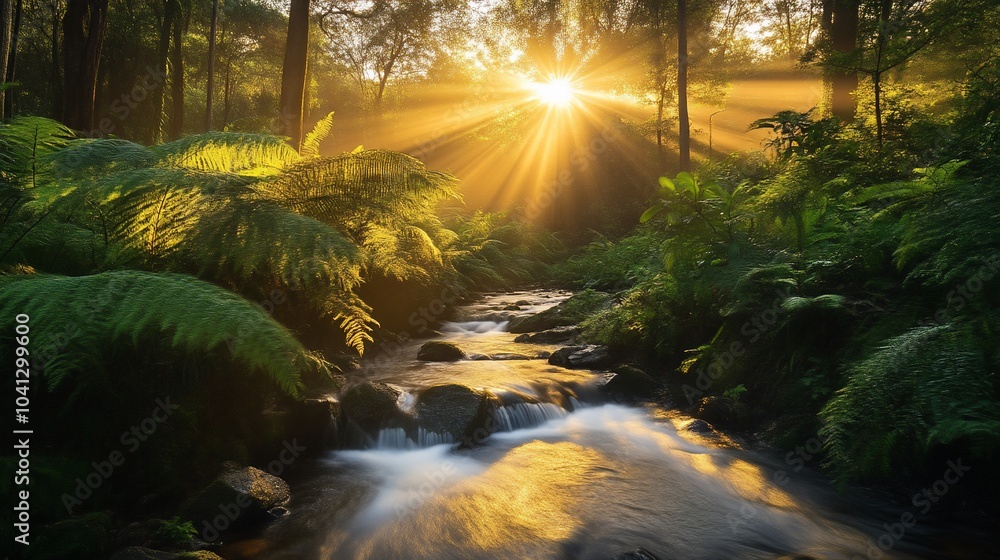 Poster sunlight rays stream through a misty forest, illuminating a rushing stream.