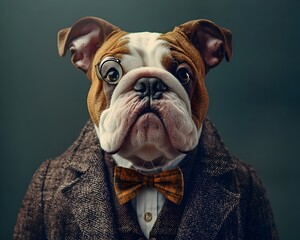 Bulldog Businessman in Tweed Suit with Bowtie and Monocol Representing Determination and No Nonsense Attitude