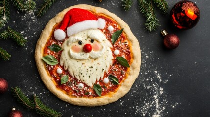 Festive Santa-shaped Pizza with Christmas Baubles - Holiday Food Concept