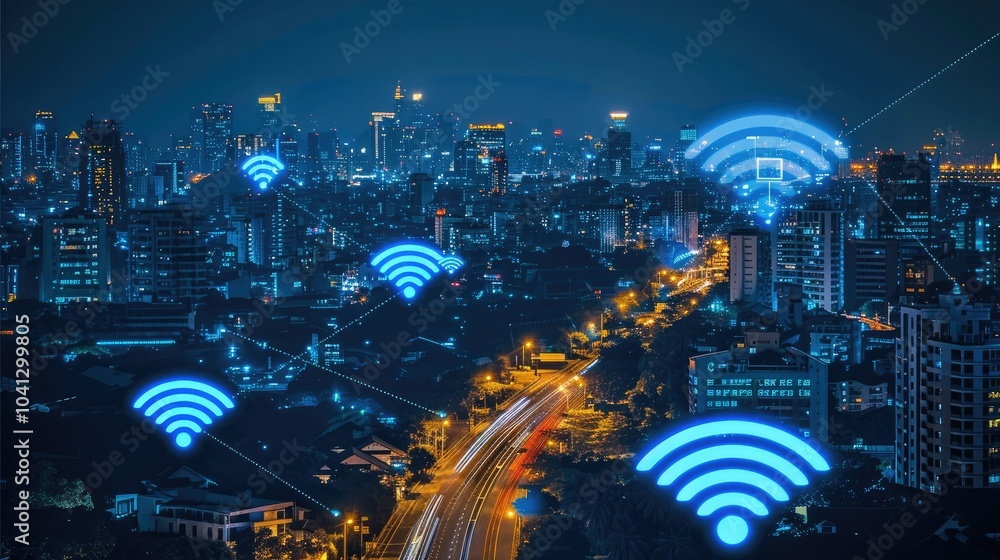 Sticker Modern city with wireless network connection and urban landscape concept wireless network and connectivity technology on city background at night.