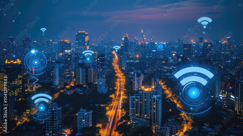 Aufkleber Modern city with wireless network connection and urban landscape concept wireless network and connectivity technology on city background at night.