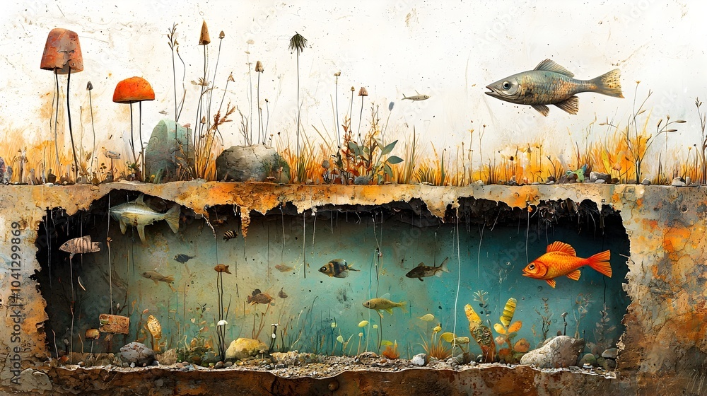 Poster detailed cross section showcasing the rich biodiversity and layered structure of a riverbed featurin
