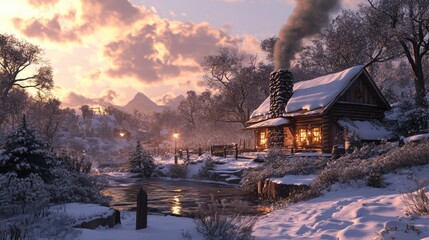 Fototapeta premium Cozy Cabin in a Snowy Winter Landscape