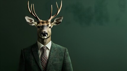 Deer Head in Forest Green Suit with Plaid Tie   Symbolizing Gentleness and Grace in Leadership Roles