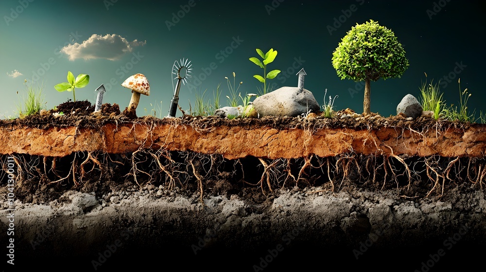 Aufkleber detailed cross section showcasing the various layers and composition of soil including topsoil bedro