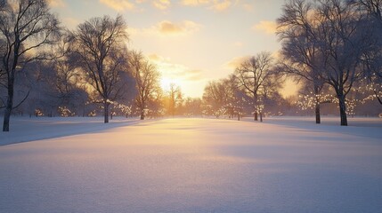 Snow-covered landscape at sunset with bare trees and soft light.