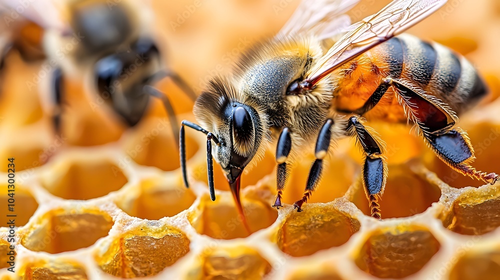 Poster Detailed cross section view of a bustling honeybee hive revealing the intricate hexagonal cell structure used for honey storage and larval development