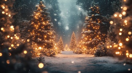 Fototapeta premium Snowy forest with illuminated Christmas trees and soft falling snow.