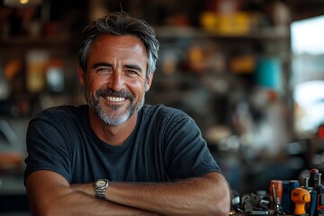 Obraz premium Portrait of a happy workman in his workshop