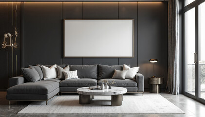 mockup of a blank framed picture hanging on a grey wall in a modern living room. It features a black sectional sofa, a marble coffee table, plants, and a window with sunlight streaming in.