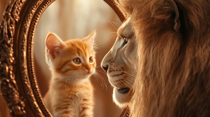 Small orange kitten gazes into ornate mirror, sees powerful lion reflection | soft indoor lighting, intricate mirror frame | whimsical contrast, warm tones,