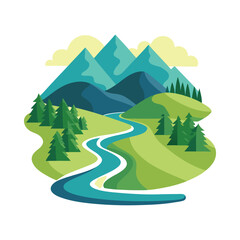 Obraz premium Beautiful mountain river vector illustration featuring lush green hills, tall pine trees, and waters