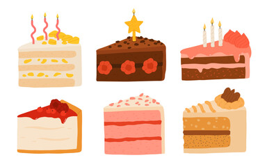 Birthday cake slices set. Sweet holiday bakery pieces collection. Pastry chocolate fruit, berry dessert with candles for breakfast. Vector hand drawn flat cartoon illustration