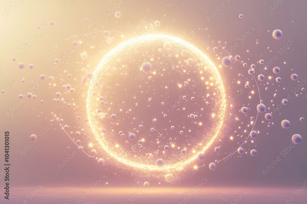 Aufkleber a glowing golden circle surrounded by small sparkling particles on a soft gradient background evokin