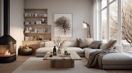 A stylish living room with cozy furniture and warm accents