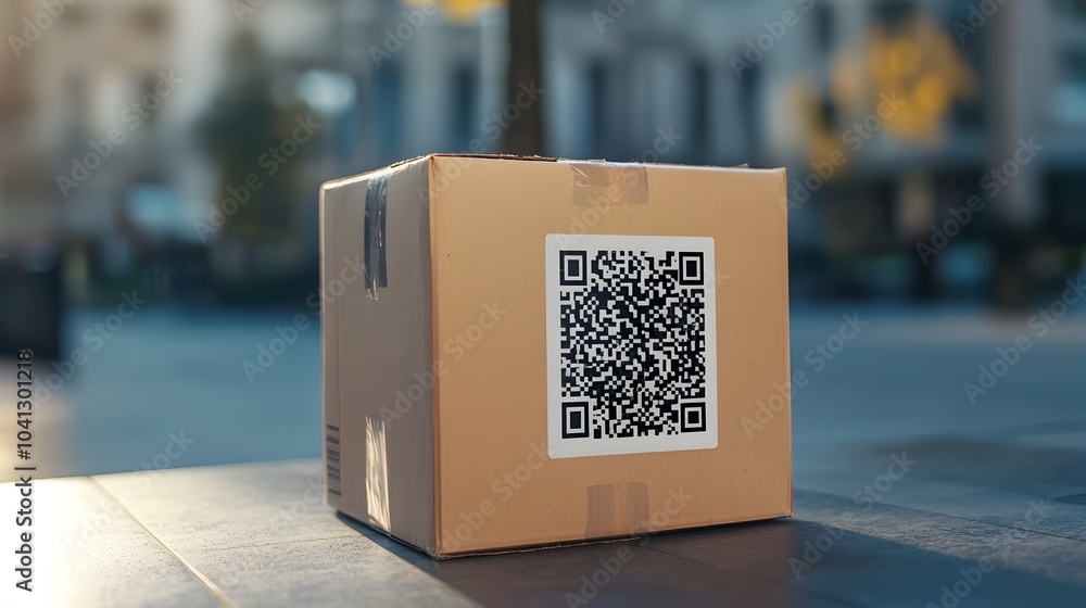 Poster cardboard parcel box with qr code and digital label representing smart shipping and logistics