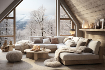 modern scandinavian interior of living room with cozy sofa