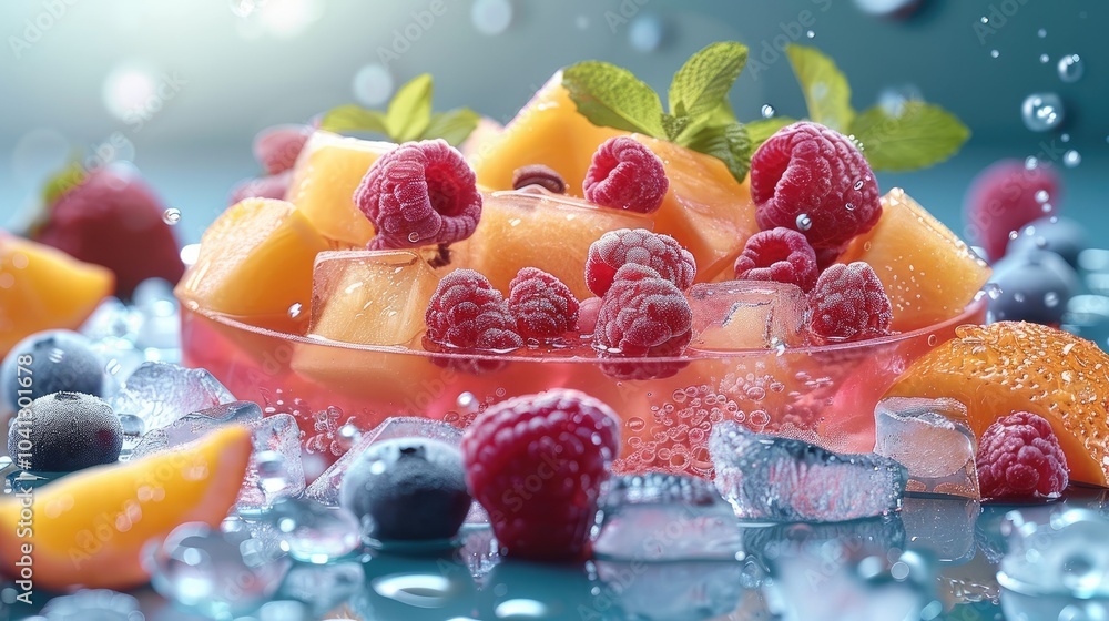 Aufkleber mix of fresh fruits with cubed ice, a refreshing and hydrating smoothie.