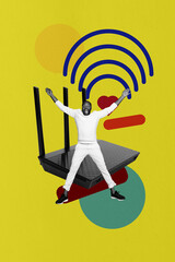 Vertical photo collage of excited american guy scream 5g router free hotspot wlan connection...