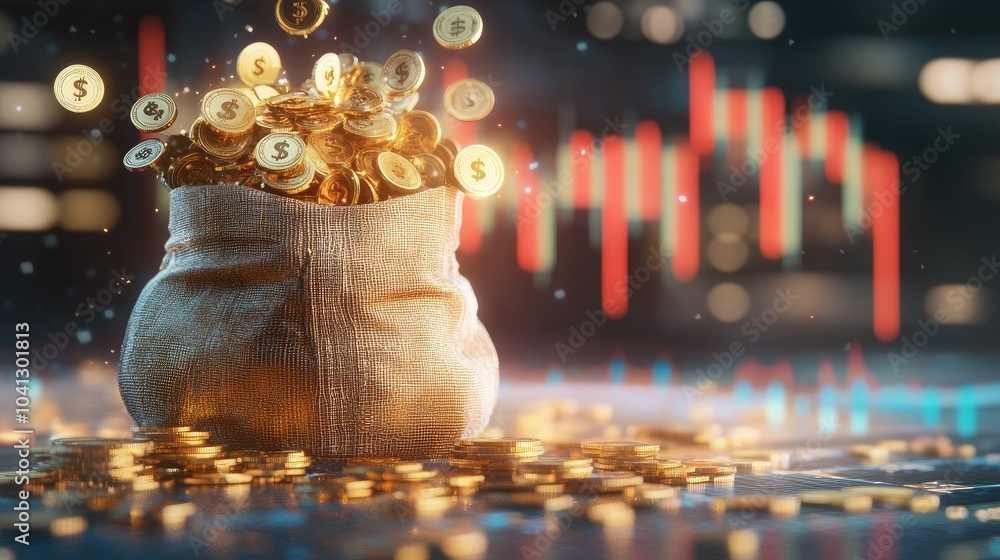 Poster 3d render of golden coins cascading into an open money bag, dollar symbols floating around in front 